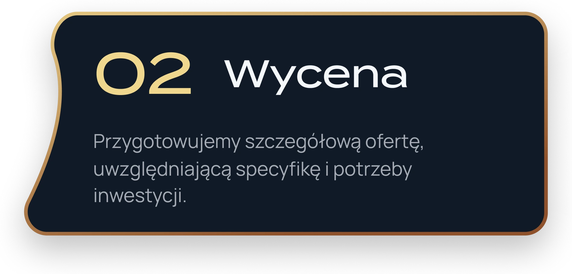 Grafika informacyjna z numerem 02 i tekstem Wycena na ciemnym tle ozdobiona złotą ramką