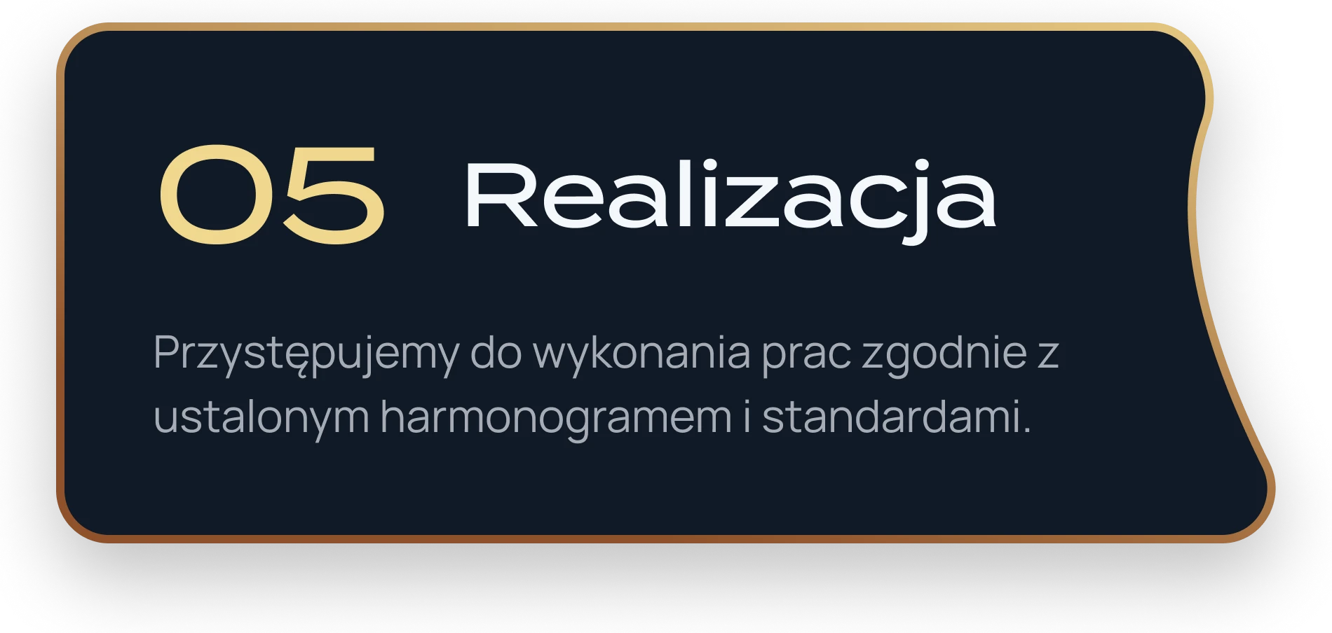 Grafika prezentująca krok 5 Realizacja z tekstem opisującym rozpoczęcie prac zgodnie z harmonogramem i standardami